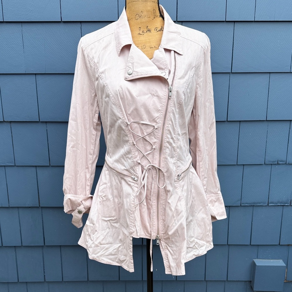 Lauren Vidal Light Pink Lace-Front Utility Trench Jacket stretch corset
